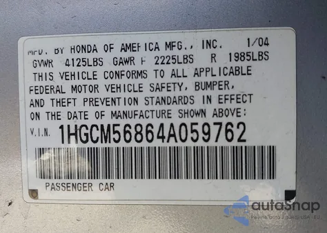 2004 Honda Accord 2.4 Ex from USA, damaged, VIN 1HGCM56864A059762
